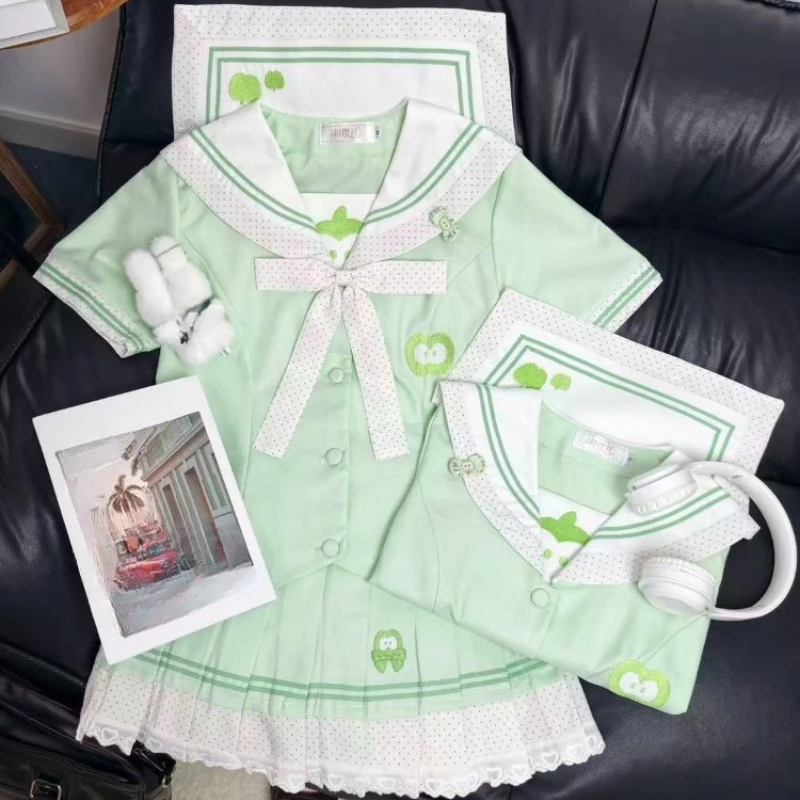 Y2k Japan Style Kawaii 2 Piece Sets Womens Outifits 2000s Sailor Collar Slim Tees + Mini Skirts Harajuku Vintage Sweet Suit Chic