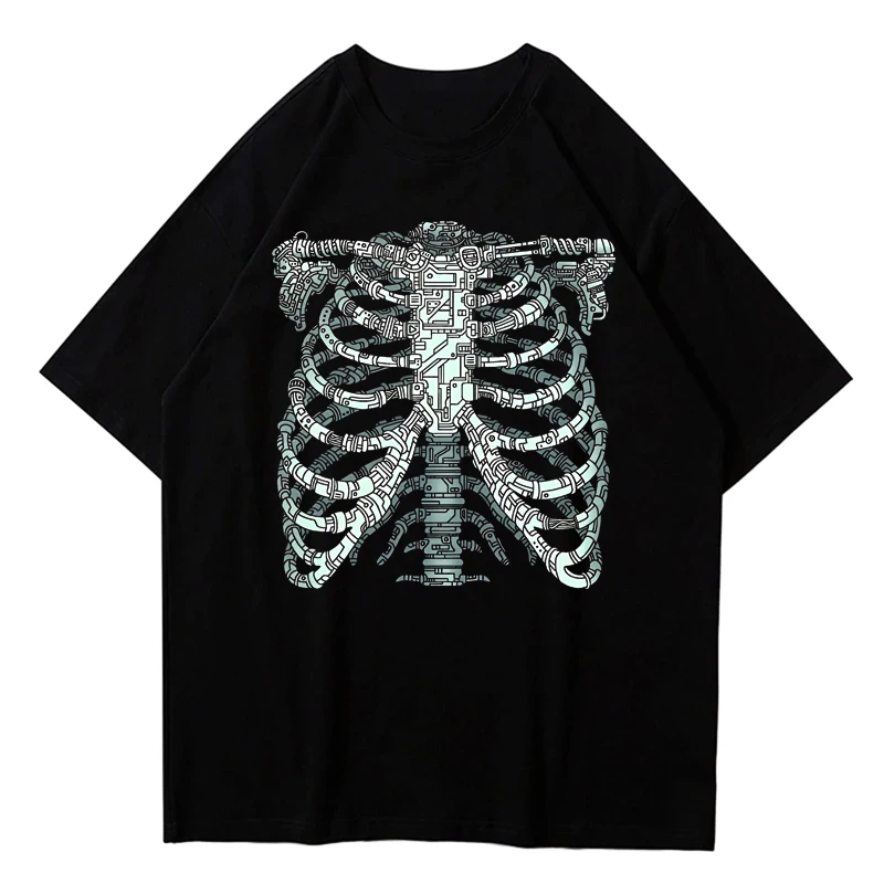 قميص برسومات سيبربانك للرجال ، جمجمة سايبر بانك ، حرجوكي ، Y2k ، ايمو مدريد ، قمم حرجوكي