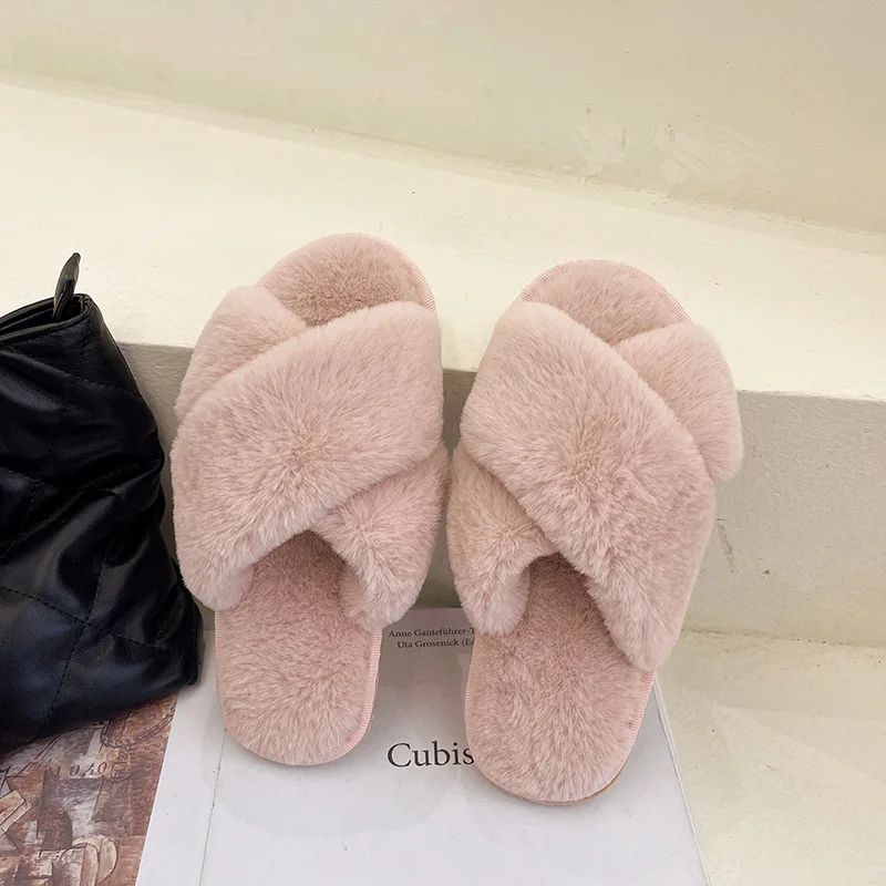 Dames Fuzzy Slippers Winter Cross Band Traagschuim Huis Slippers Open Teen Dames Anti-Slip Schoenen Zachte Onderkant Thuis Slippers