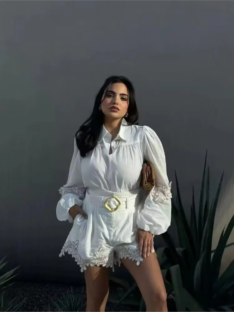

Fashionable Retro Lapel Lantern Sleeves Flower Embroidered White Shirt + High Waist Slimming Belted Shorts Suit For Women