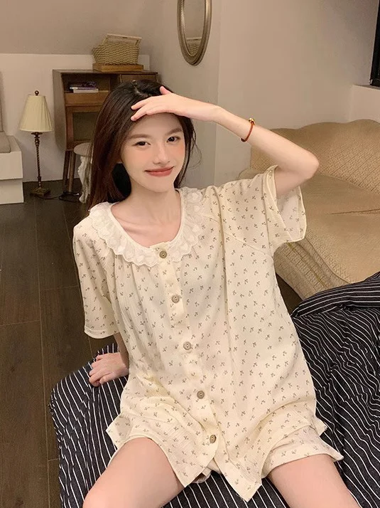 

Sweet Lace Trim ort Sve Summer Spwear Set for Women Home Wear Floral Print Thin Material round Ne Button Front Sle