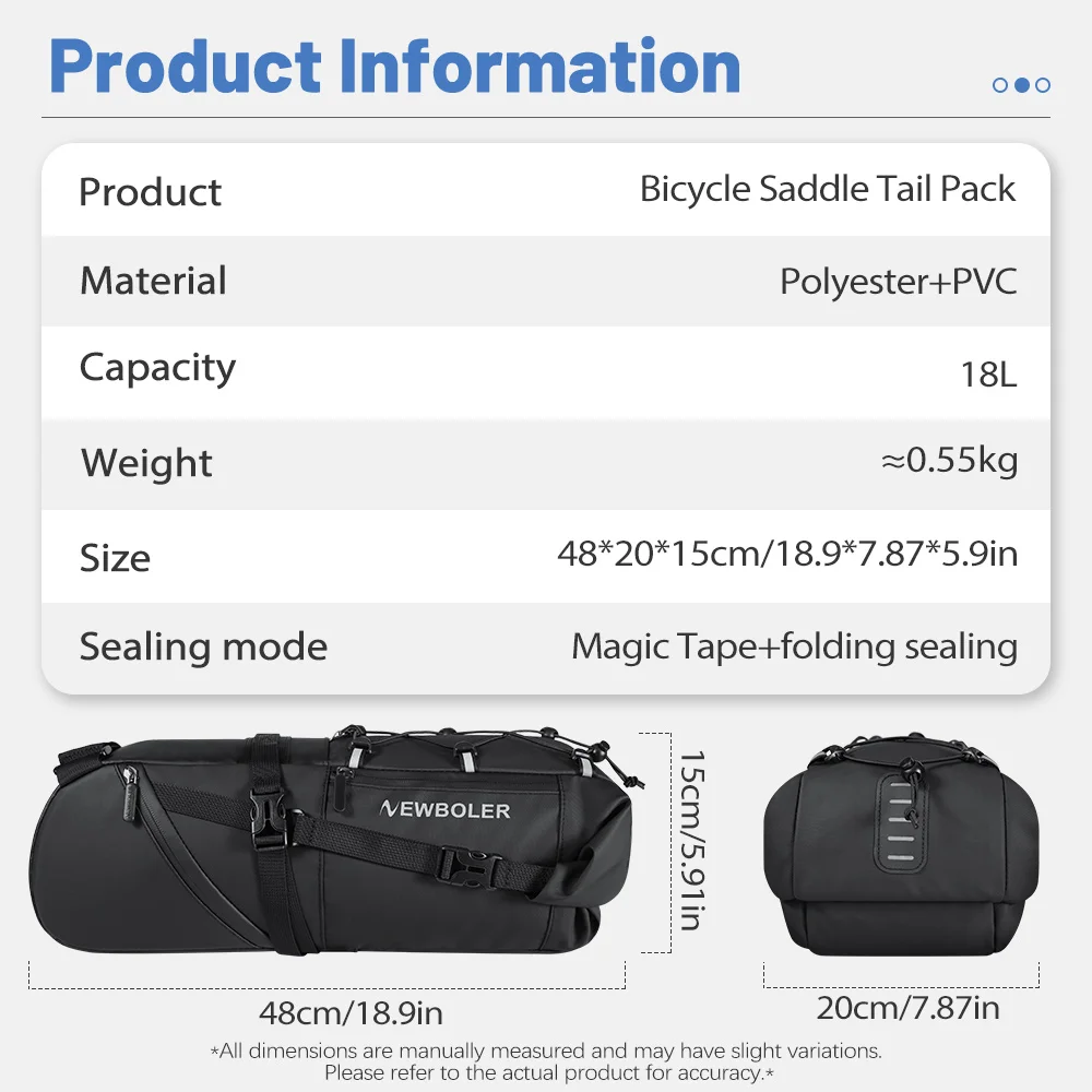 NEWBOLER 18L Fahrrad-Satteltasche, wasserdicht, für MTB, Rennrad, große Kapazität, faltbare Fahrradtasche, Hecktasche, Zubehör für den Kofferraum – Detail 3
