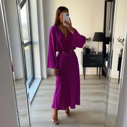 Purple Satin Long Dress Women Elegant Fashion Flare Long Sleeve Slim Party Dresses Autumn Winter Sexy V-neck Maxi Dress 2024