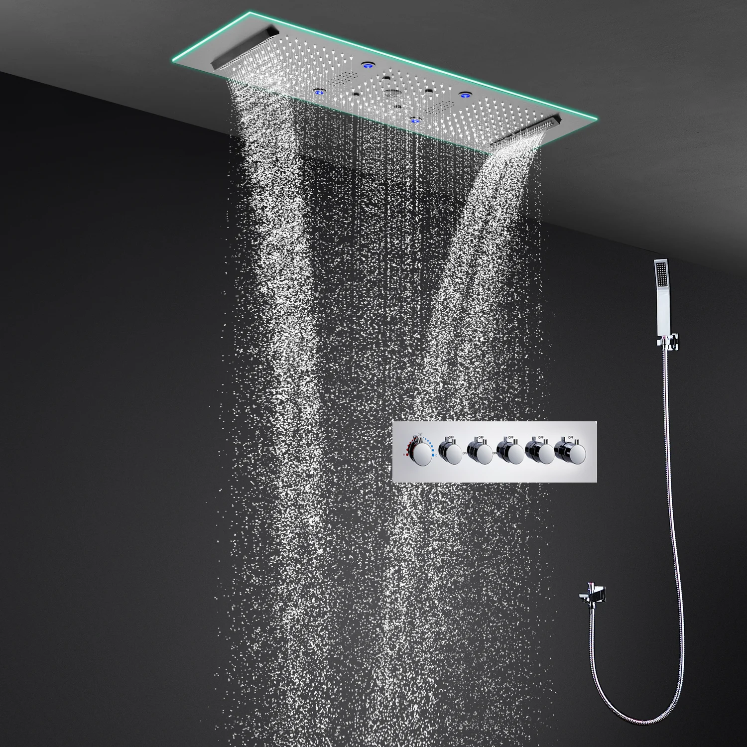

hm Luxury Bluetooth Music Shower System Set With 6Functions Thermostatic Controller Mixer Rain LED Shower Head Bathroom Faucets