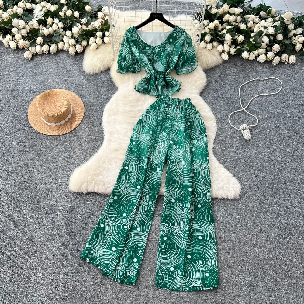 

Pant Set Women Two Piece Sets V Neck Puff Sleeve Print Short Tops Wide Leg Long Pants High Elastic Waist Y2k Streetwear