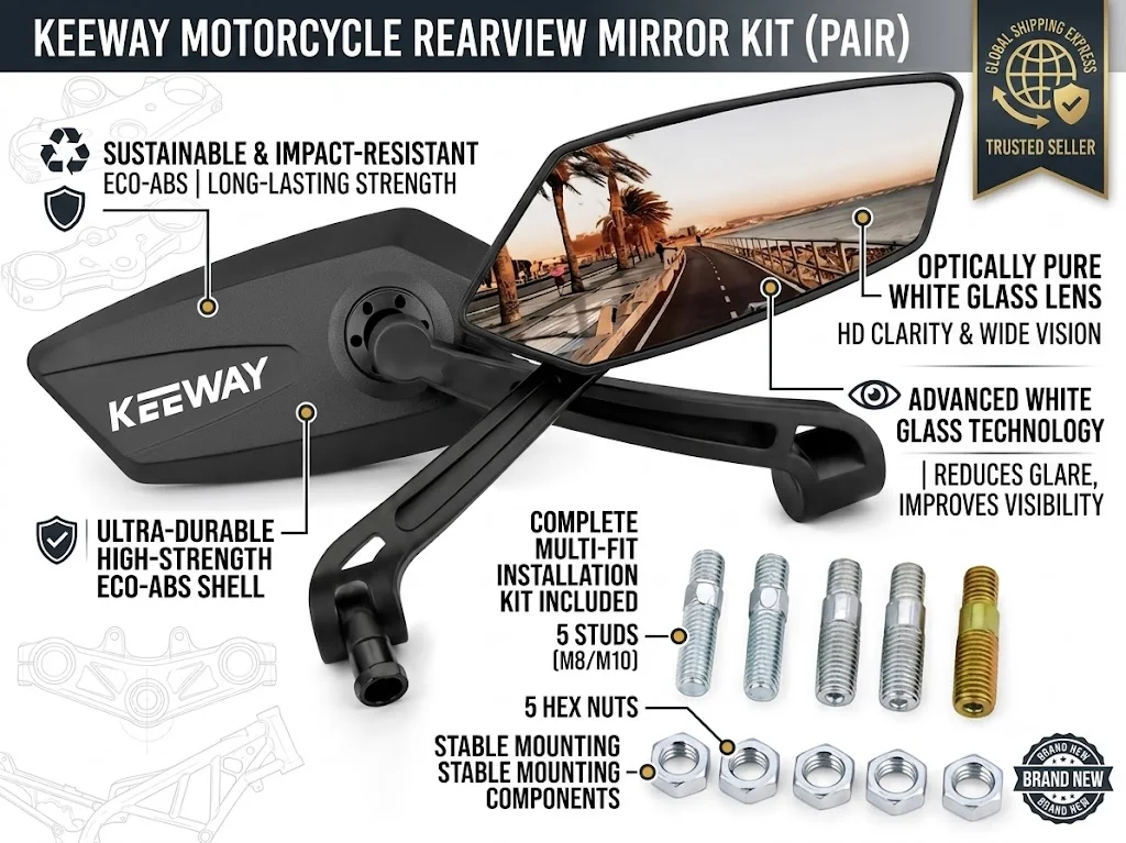 High Strength ABS Motorcycle Rear view Mirrors Adjustable With logo For Keeway 50 Vieste 300 Zahara RKV RKF 125 RKS 150