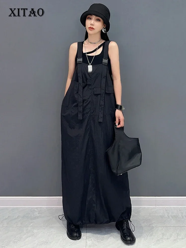 

XITAO Loose Straps Solid Color Dress Simple Fashion Sleeveless Spring Women Casual Drawstring Buckle A-line Dress GMM1268