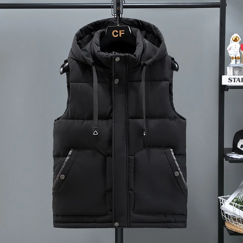 

2025 Autumn Winter New Men Hooded Detachable Thickened Cotton Vest Casual Warm Sleeveless Jacket Multiple Colors Available