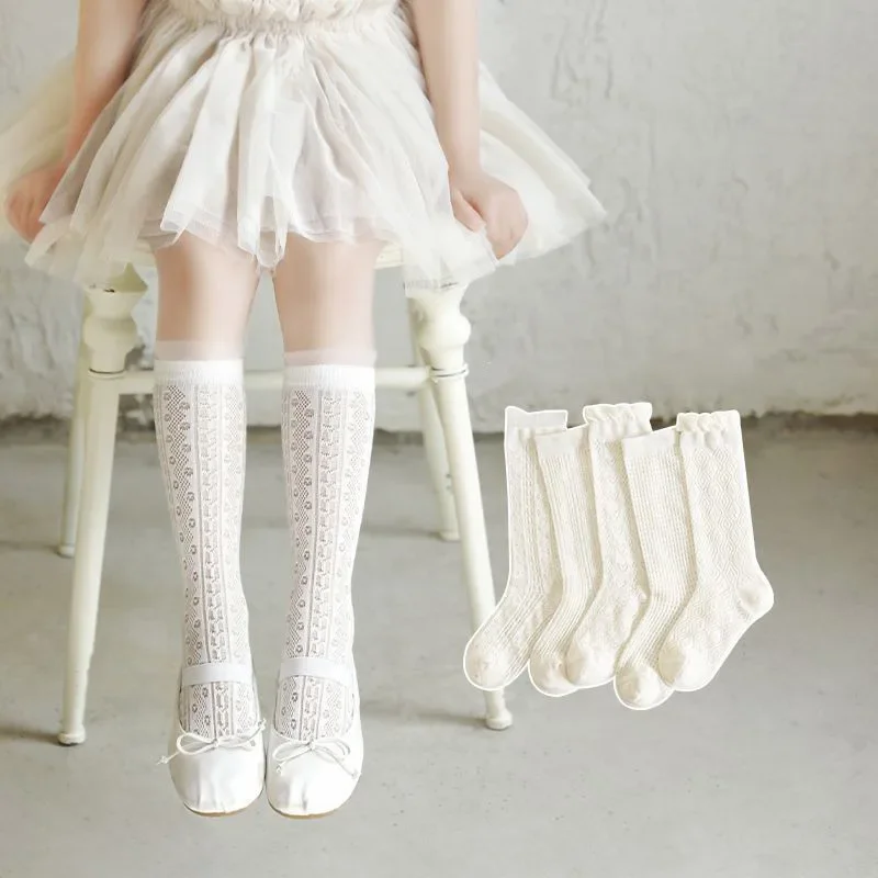 3Pairs Korean Lace Ruffle Socks for Baby Girls White Heart Embroidered Knee High Sock Summer Thin Breathable Princess Stockings