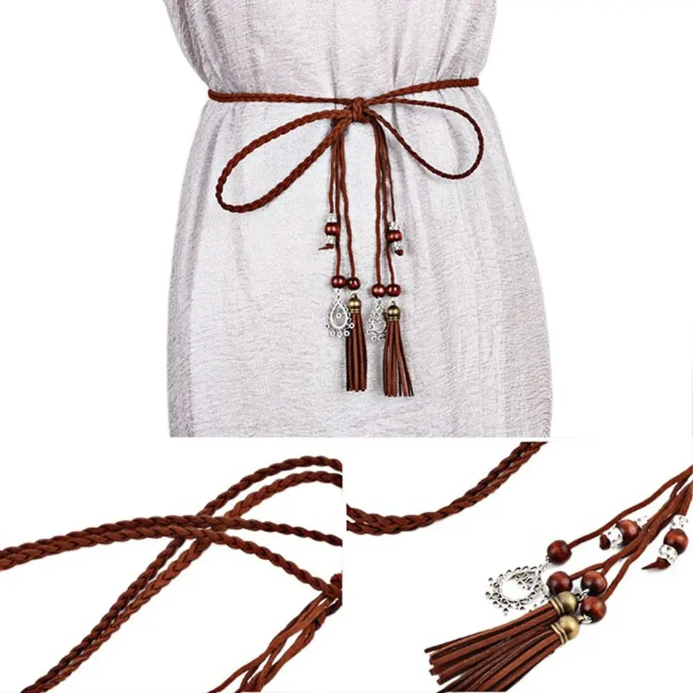 Sweet Thin Woven Rope Waistband Boho Style Dress Accessories Waist Rope Braided Belt Waist Chain Tassles Belts