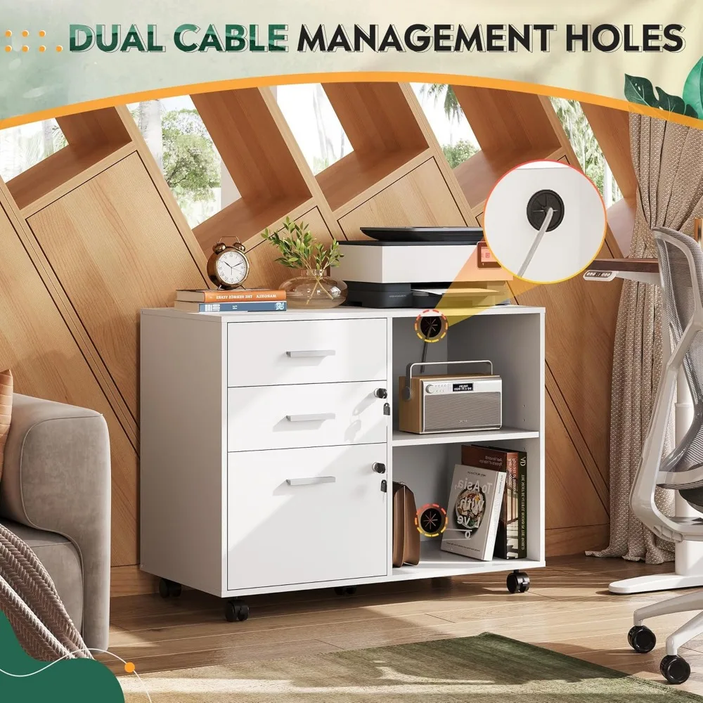 خزانة ملفات متنقلة بقفل خشبي ثلاثي الأدراج مع حامل طابعة وأرفف تخزين مفتوحة للاستخدام المنزلي والمكاتب