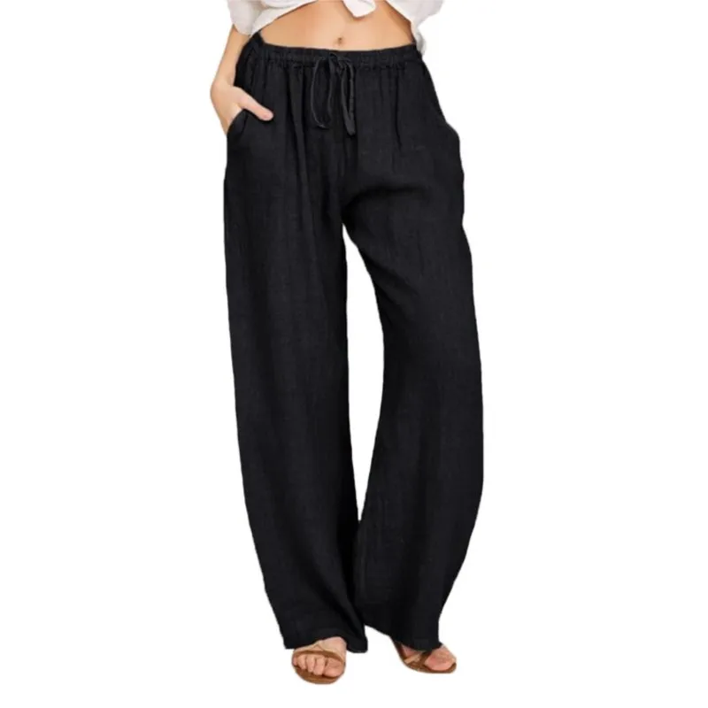 Women's Cotton Linen Drawstring Lace Up Pants Spring Autumn Casual Fashion Versatile Pocket Solid Color Straight Pants