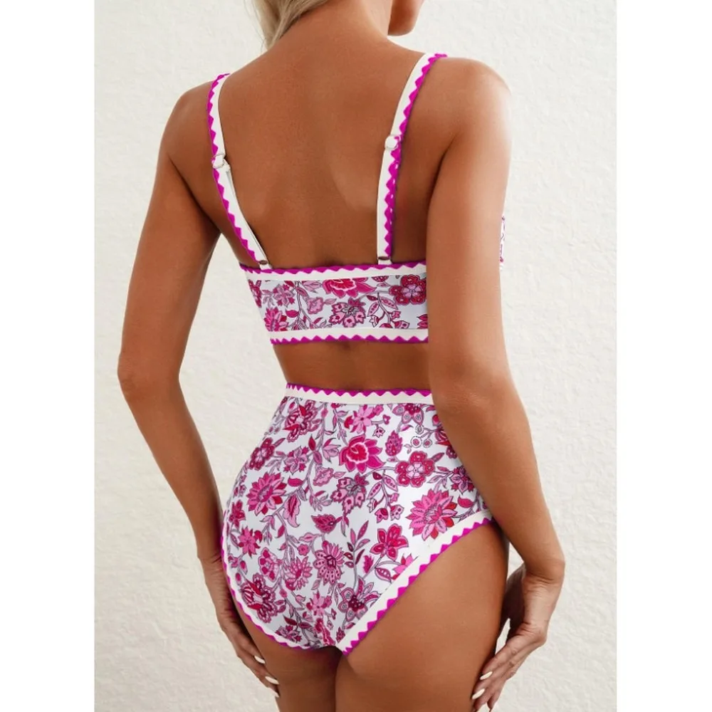 Women's Floral Print Bikini Set 2 Piece Swimwear High Waist Low Round Neck Scrunch Seam Bathing Suit Tankini Swimsuits Women Bra