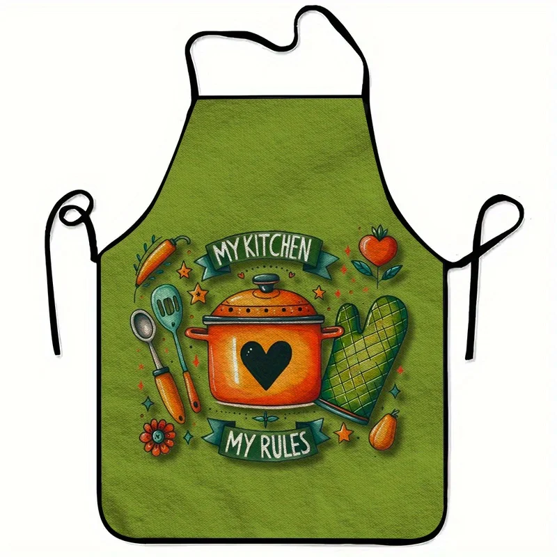 1pc Playful Kitchen Rules Printed Apron Durable, Washable Polyester Cooking Cleaning Apron Festive Design