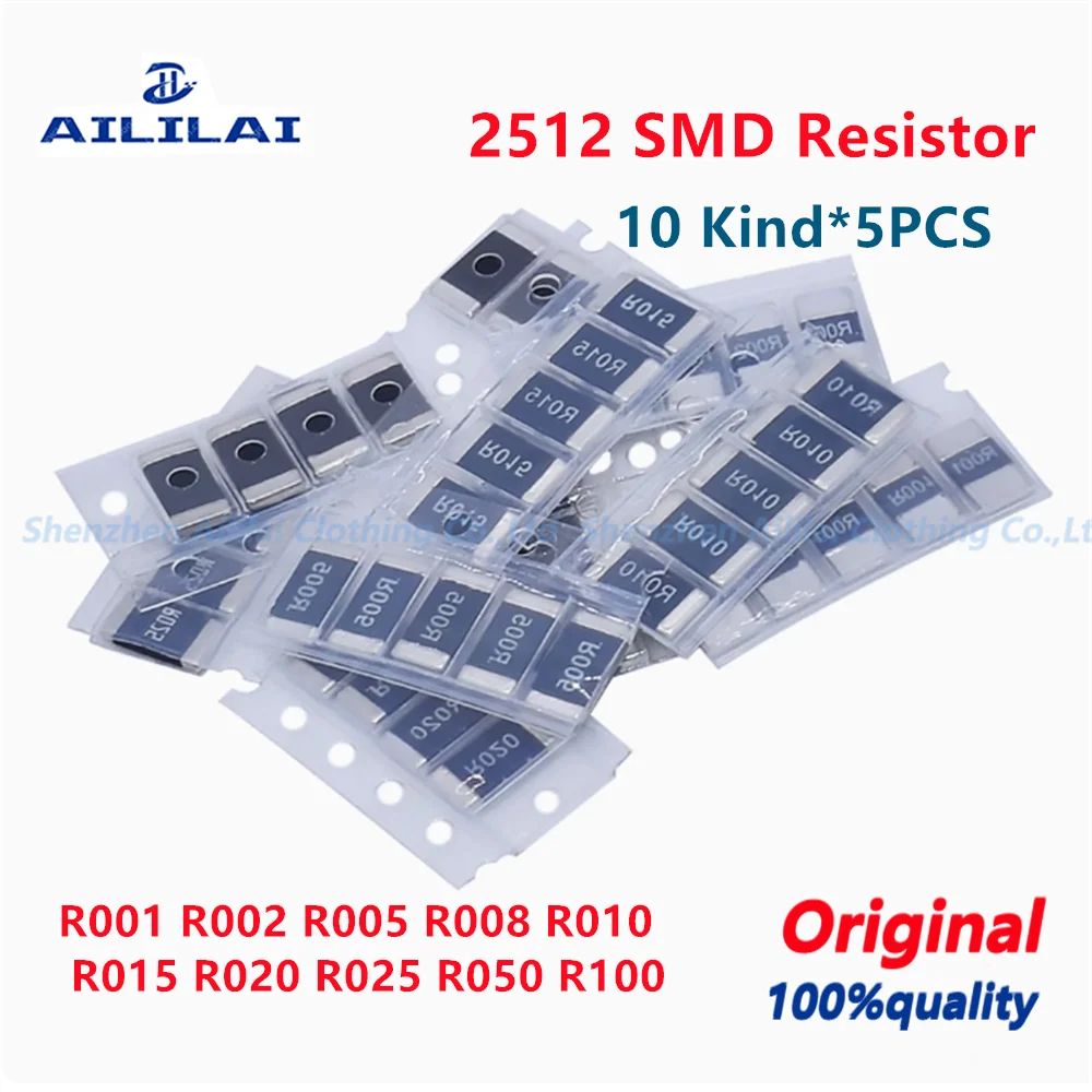 50pcs עמידות סגסוגת 50pcs 2512 התנגדות או דוגמאות, 10 סוגים * 5cs = 50pcs r008 r010 r015 r020 r025 r025 r025 r050 r100 r025 r025 r050 r100