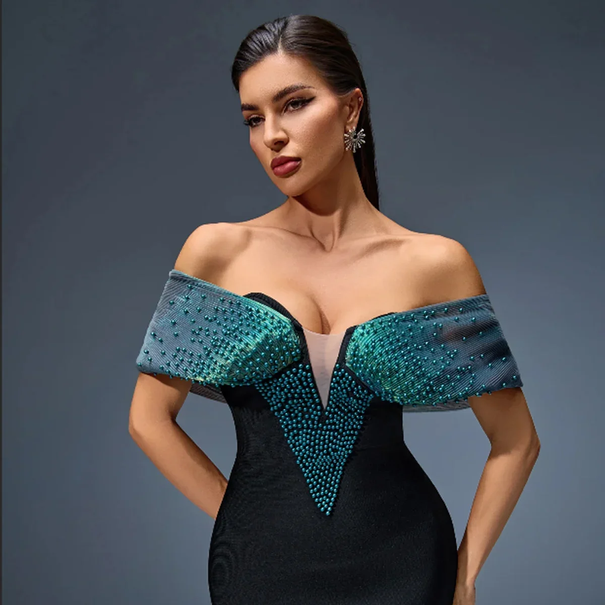 Elegante pérola detalhe cintura alta faixa vestido 2025 na moda envoltório longo vestido de noite para mulher emagrecimento estilo elegante