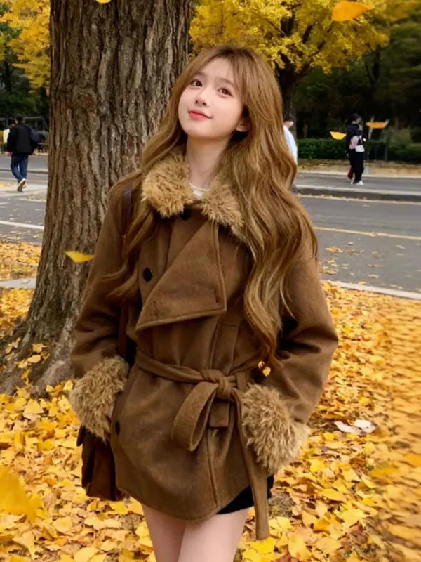 

Тёплое шерстяное пальто Thiened для женщин, кофейного цвета, в ретро-стиле, зимняя верхняя одежда, повседневное, для работы, маленький размер, топ