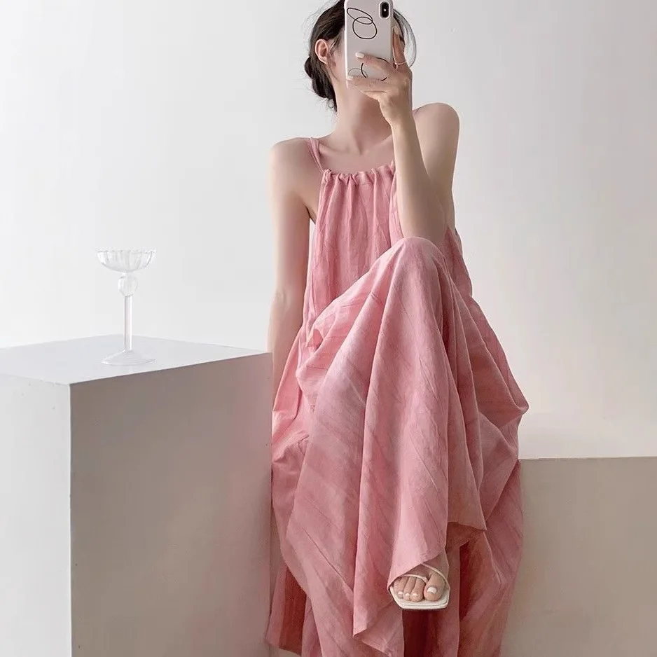 

Dopamine Pink Blend Dress for Women Slimming and Slimming Big Swing Dress Sleeveless Beach Long Dress