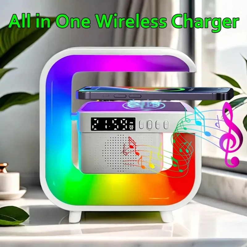 G Shape RGB LED Wireless Charger Bluetooth Speaker with Digital Clock Multifunction Desktop Charging Station for All Cell Phones