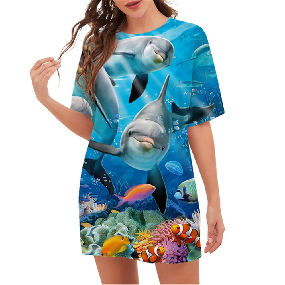 Ocean World Animal Fish 3D sukienka z nadrukiem na lato O-Neck z krótkim rękawem w stylu plażowym luźna sukienka ponadgabarytowa moda damska