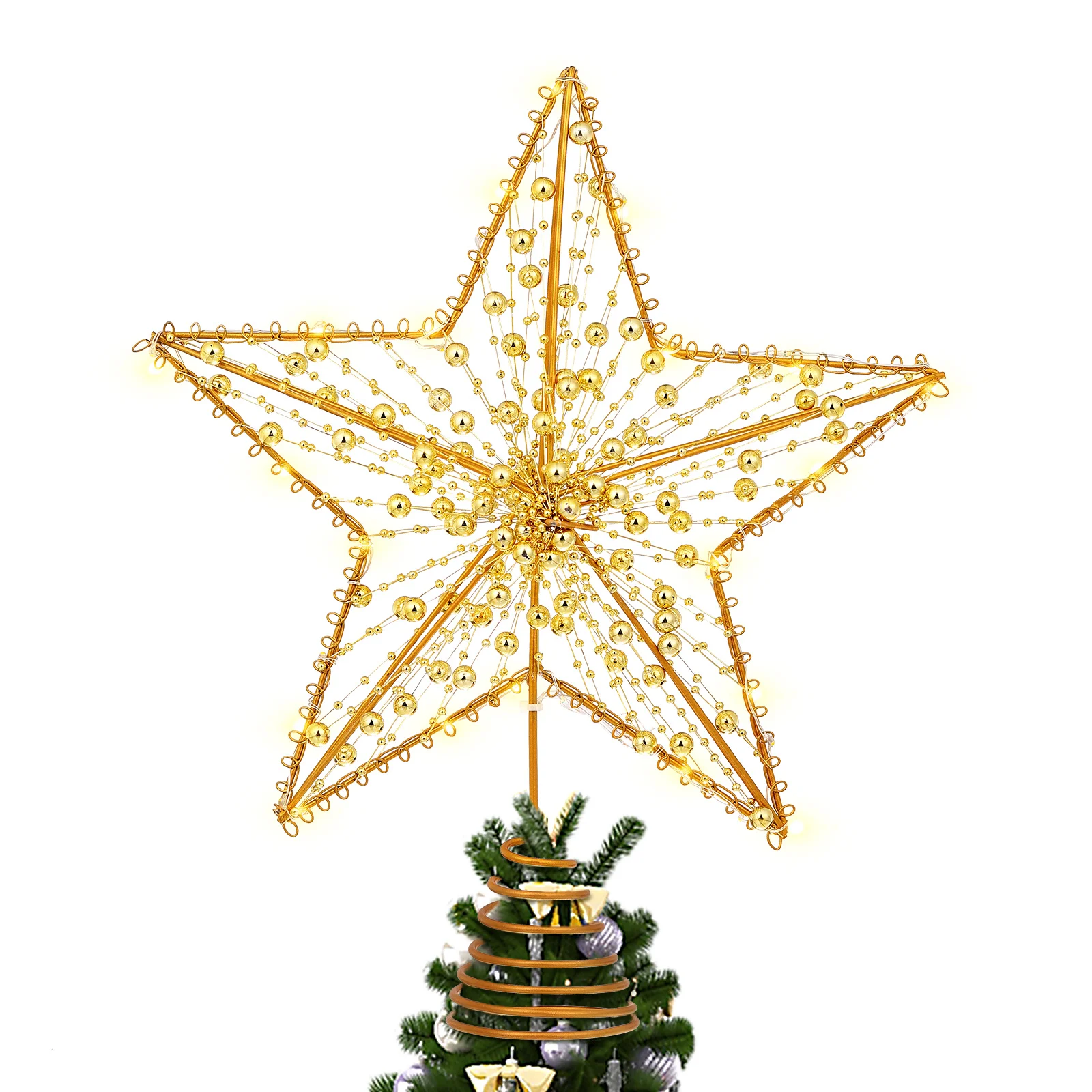 

Christmas Tree Top Star Beaded Hollow Farmhouse Vintage Treetop Decoration LED nament for Christmas Birthday New Year Gift Iron