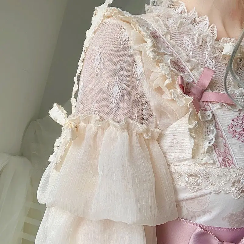 Women Japanese Kawaii Lolita Shirts Sweet Lace Bubble Sleeve Lace-up Blouse Summer Girly Elegant Fashion Chiffon Tops New