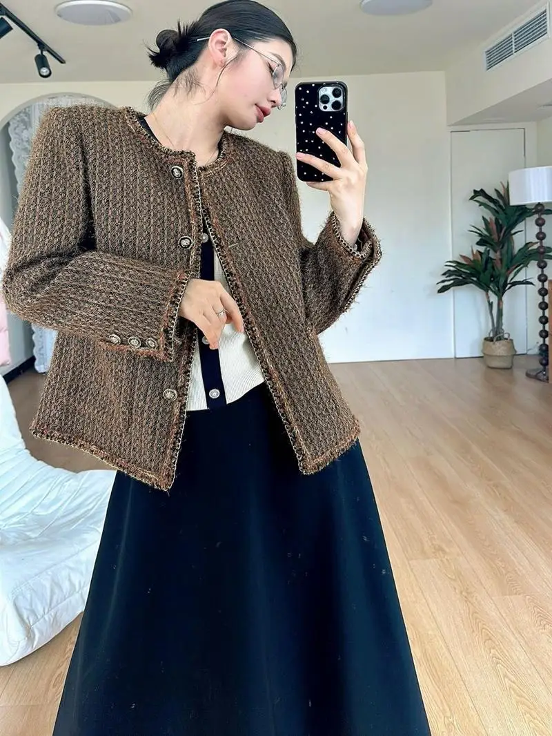 

Элегантная зимняя верхняя одежда Mermaid Sle с золотой цепочкой и трикотажной отделкой из твидовой ткани, дизайн прямого кроя, роскошный женский стиль