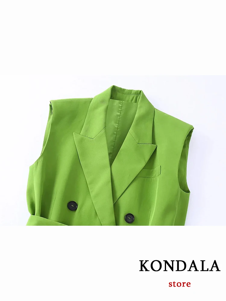 TRAFZA Office Lady Solid Green Vest Blazer Women V Neck Double Breasted Sashes Long Sleeveless Jackets Fashion 2023 Coats