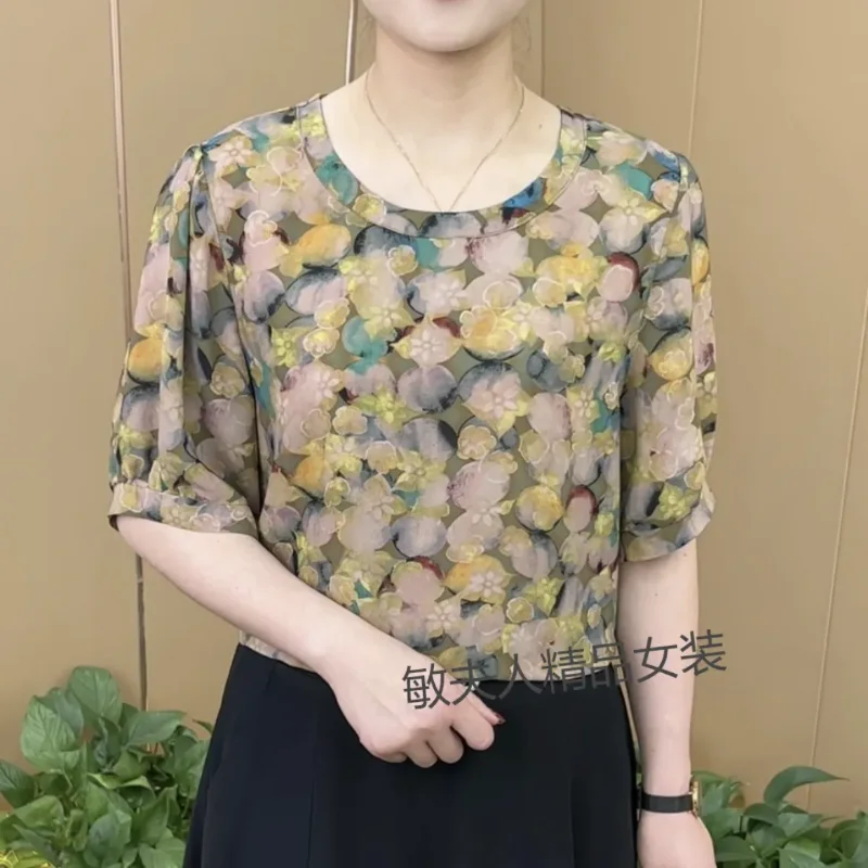 

Женская блузка из шифона с цветочным принтом, короткий рукав, круглый вырез, свободный крой, повседневный летний топ