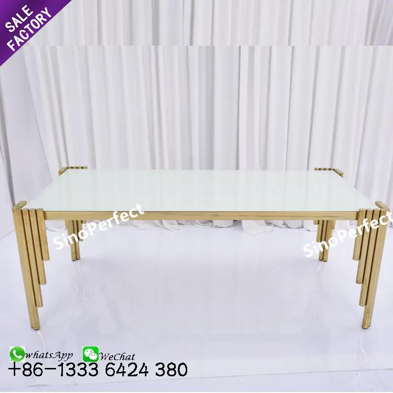 Modern Luxury Gold Legs Rectangular Dining Decor Glass Tables Set Stainless Steel Tables For Events Wedding Banquet Decorations