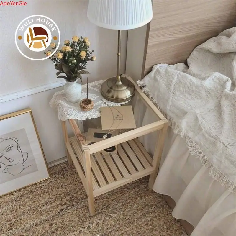 Ins Bedside Table Small Apartment Solid Wood Bedroom Transformation Tempered Glass Rack Homestay Wind Bedside Few New 2024