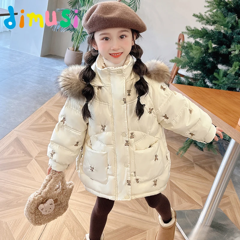 Winter Kids Coat Outdoor Casual Hooded Thick Girls' Cotton Padded Coat Fashion Bear Embroidered Warm Outerwear Child Clothing