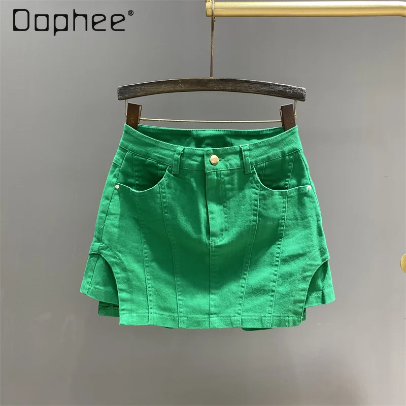 Streetwear Green High Waist Short Jean Skirt for Women 2024 Summer Women's Fashion A- Line Dark Blue Denim Sheath Mini Culottes