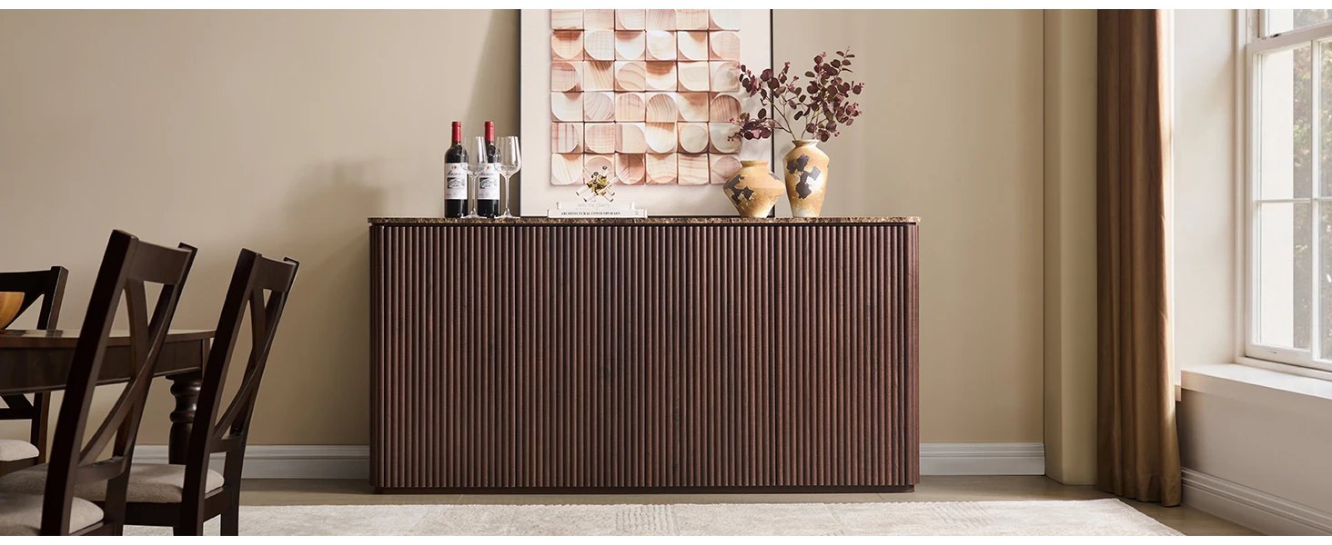 narrow brown buffet cabinet with storage dining room modern  side board fluted sideboard credenza