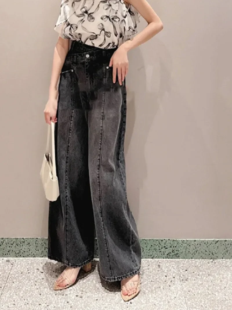 Streetwear Fashion Slanted High Waist Denim Pants Women All-match Loose Casual Straight Wide Leg Jeans Japan New Autumn Trousers