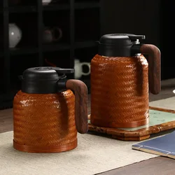 1L/1.6L thermos pot with handle,bamboo woven shell,stainless steel inner liner,water and tea separation,home retro kettle