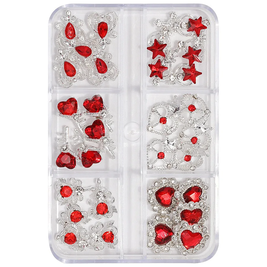 6 Grid Trendy 3D Love Heart Nail Charms Set Red Pink Rhinestone Crystal Magic Wand Decor Must Have for DIY Nail Art Party Nails