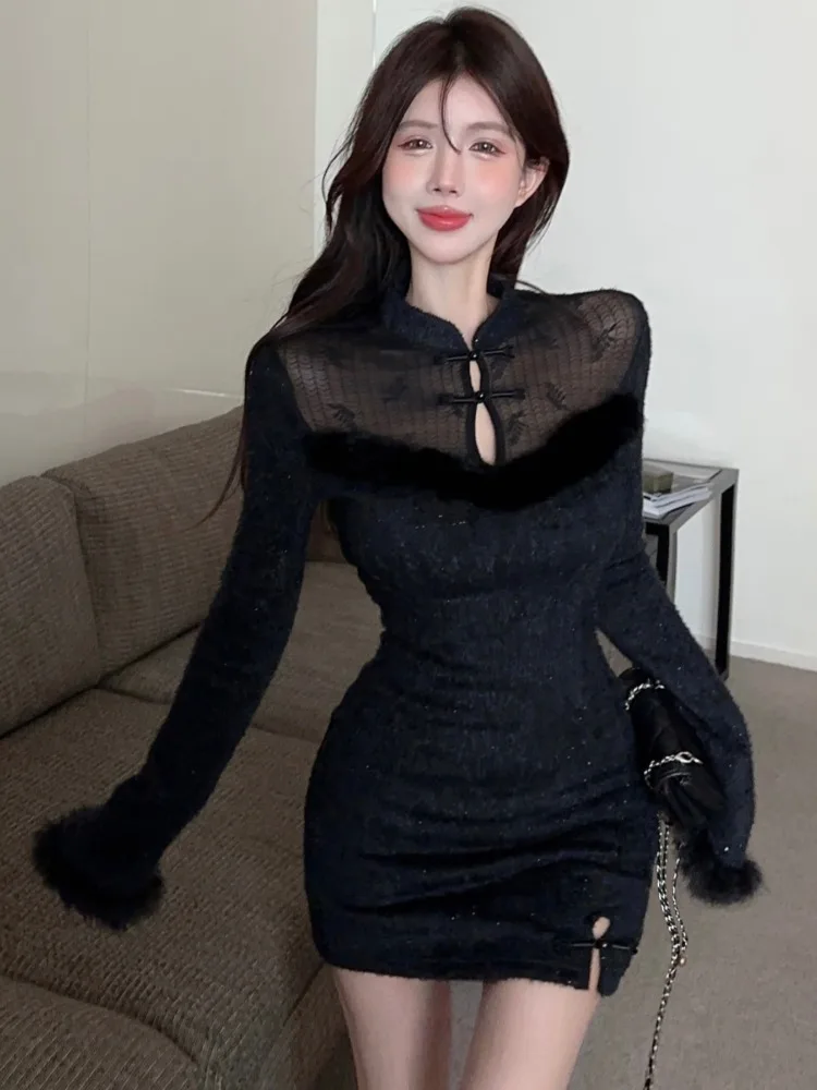 

New Chinese Style National Trend Stand Collar Button Modified Qipao Dress Women's Autumn Winter Fashion Retro Waist Cinch Sho...