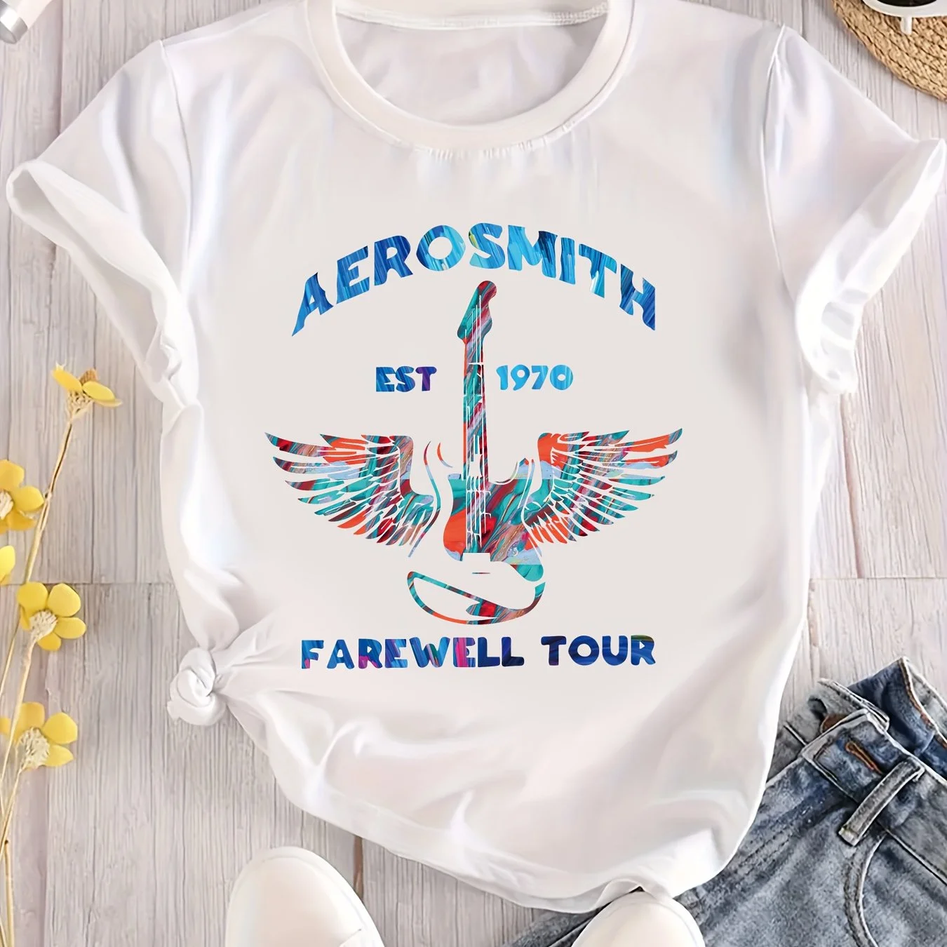 AEROSMITH Guitar Print T-shirt Casual Short Sleeve Crew Neck Top Summer Women's Plus Size Clothing Graphic Harajuku Streetwear