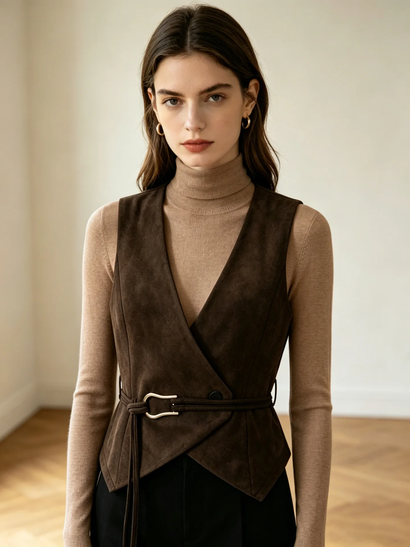Spring and Autumn V-neck lace up button suede coat vest top, fashionable retro warm women's high street vest