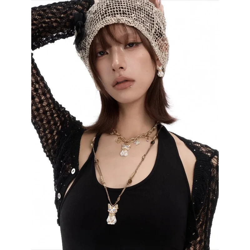 Original Pharaoh Cat Collarbone Chain, Eye of Life Series Girls Anka Cross Cat Necklace