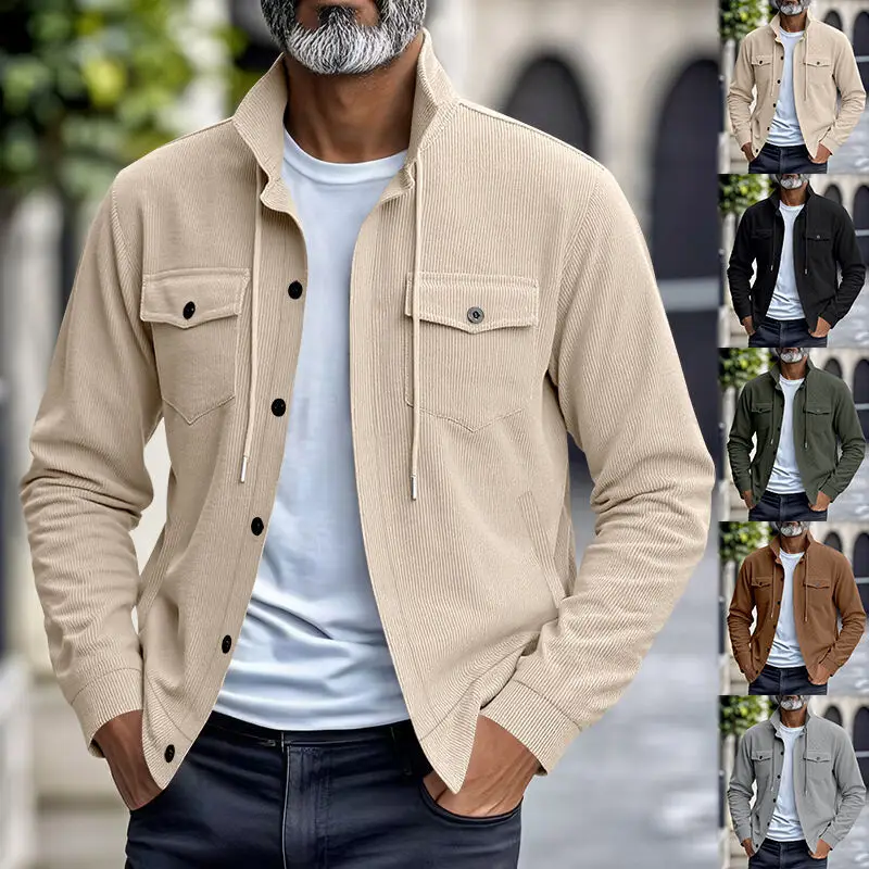 

Winter Autumn American Heavy Corduroy Men's Jacket Simple Versatile Multi-Pocket Stand Collar Long Sleeve Coat for Men