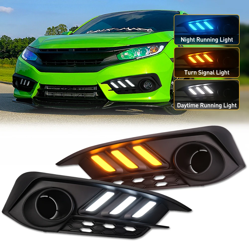 

Car Front Bumper LED Daytime Running Light For Honda Civic 2016 2017 2018 White DRL Yellow Turn Signal Lamp Blue Night Lamp 12V