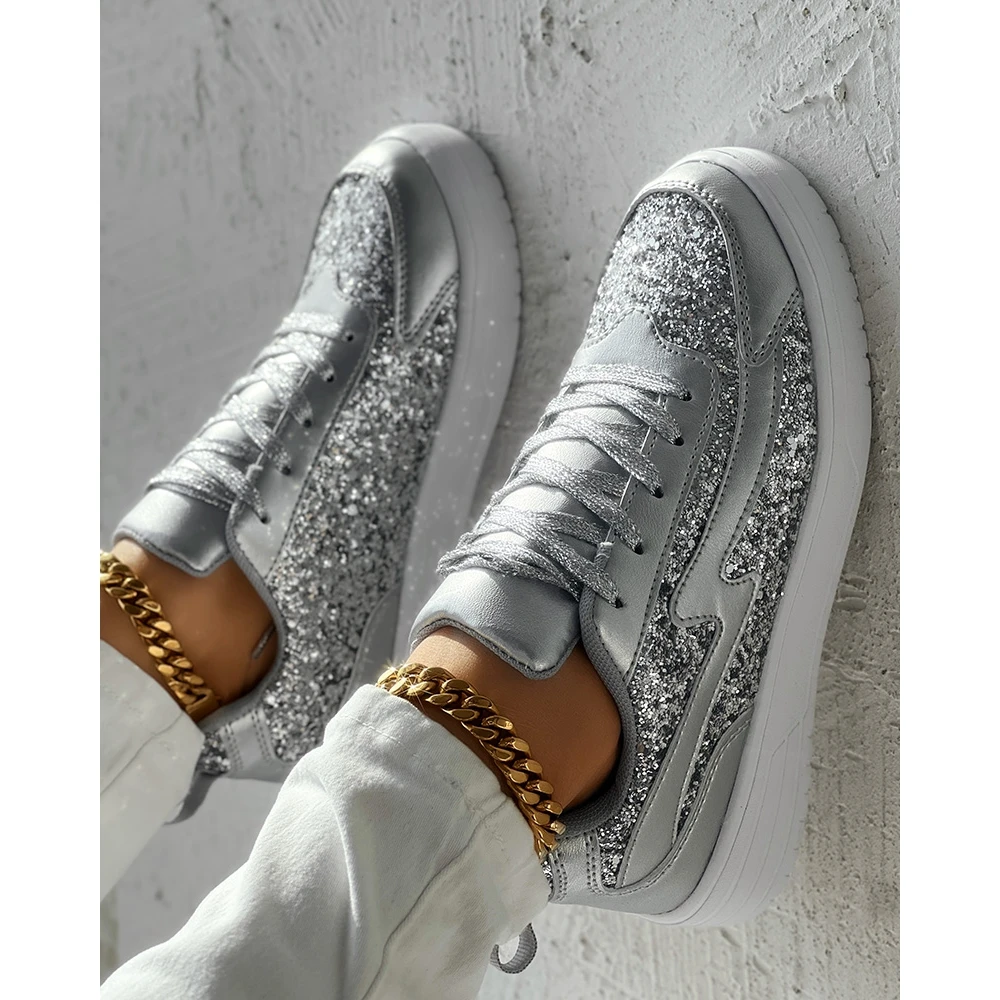 Women Bling Bling Sequins Decor Lace-up Flats Sneakers Daily Casual Round Toe Sports Shoes 2024 Spring Fashion Going Out Shoes
