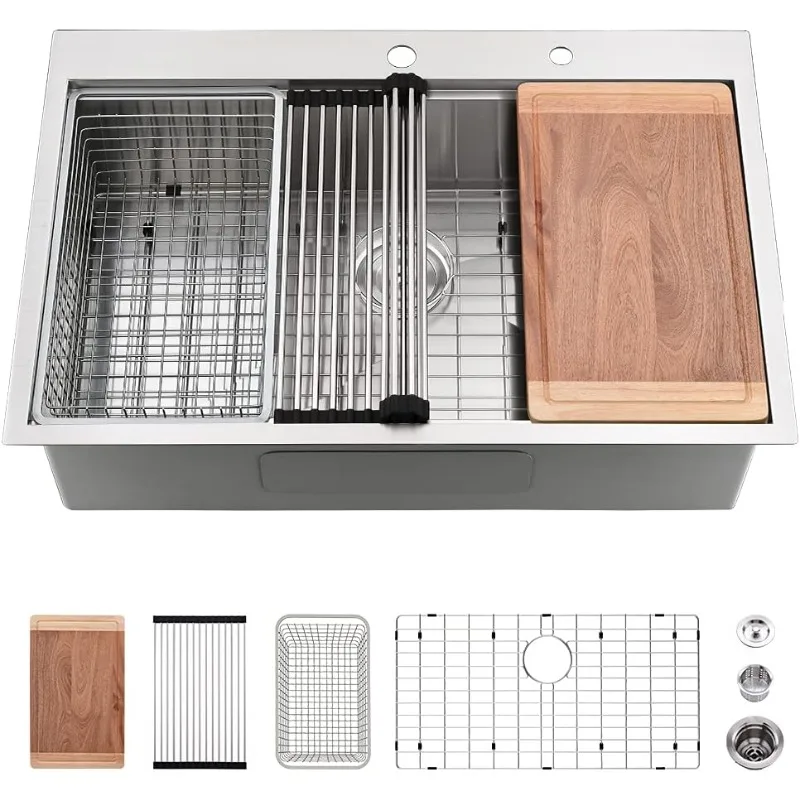 Fregadero de cocina de 33 pulgadas, estación de trabajo, VASOYO, fregadero de cocina de acero inoxidable de 33x22, fregadero de cocina para estación de trabajo