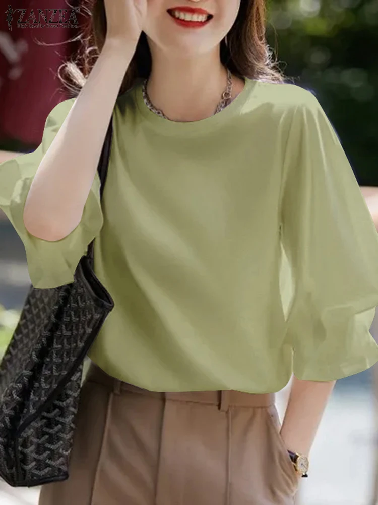 

ZANZEA 2025 Summer Casual Loose Blusas Women Solid Color Blouse Holiday Half Puff Sleeve Tops Fashion Korean Basic Shirts Femme