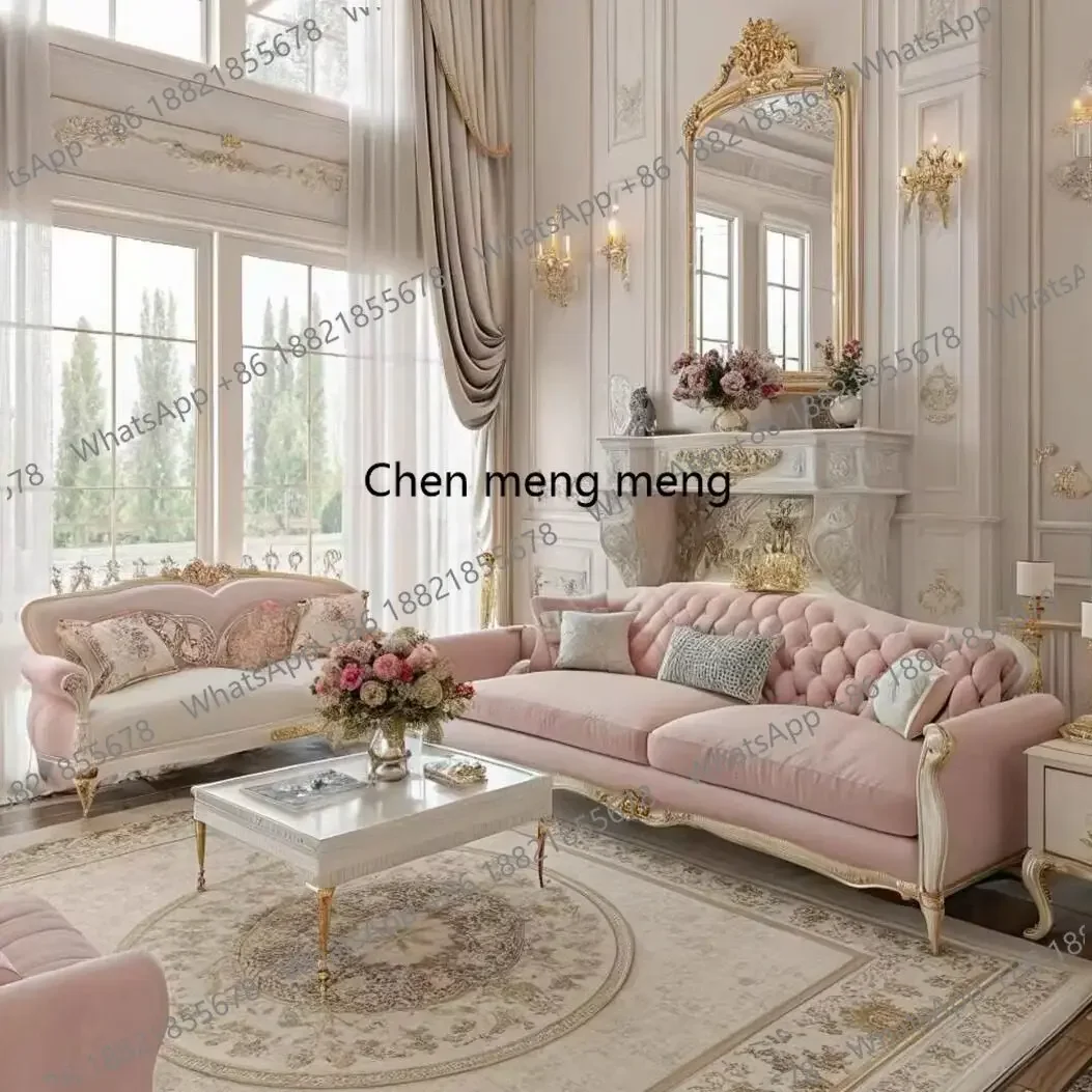 

Great discountsFrench solid wood sofa living room combination carved fabric sofa luxury court style small apartment furniture