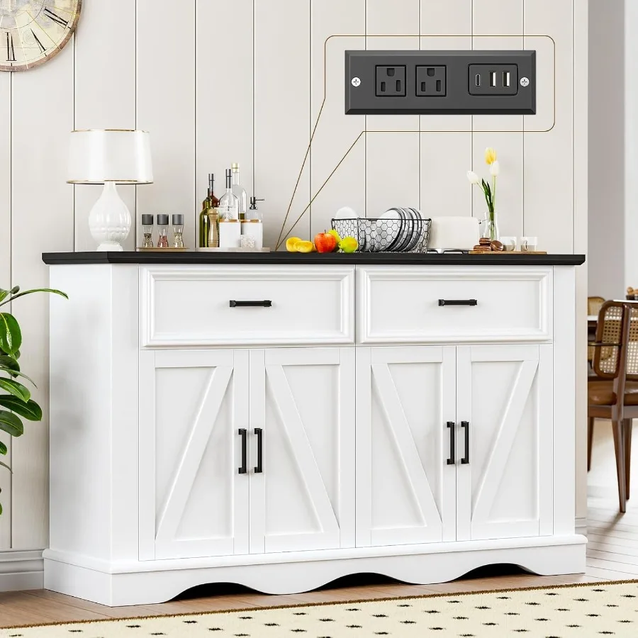 58 خزانة بوفيه جانبية للمزرعة الحديثة مع 4 أبواب و2 أدراج خزانة تخزين المطبخ مع أرفف قابلة للتعديل للقهوة #1