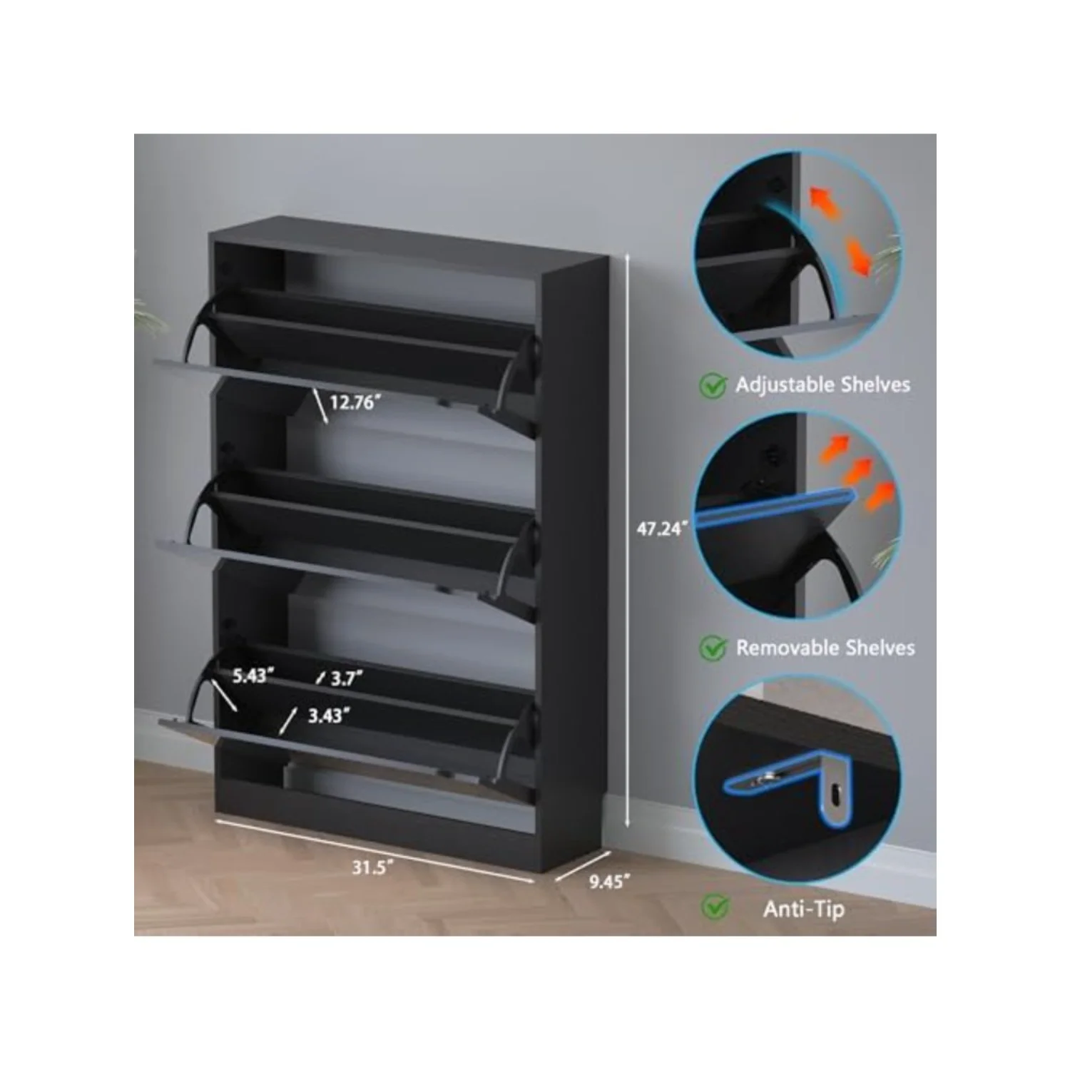 Shoe Cabinet with 3-Flip Mirror Drawers, Freestanding Shoe Rack Organizer with Hidden Handle, Slim Narrow Shoe Storage