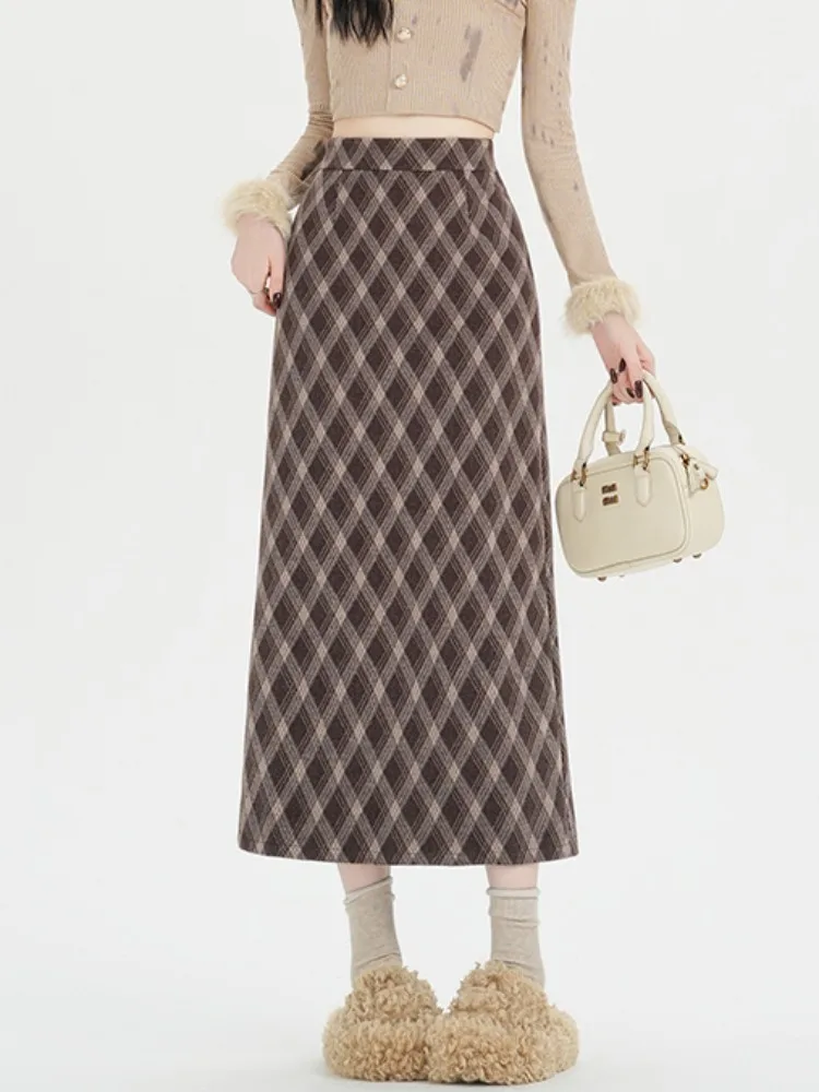 Hoge taille A-lijn rechte wollen rok Koreaanse Sle dames herfst winter geruite f-lengte rok met Ba Split